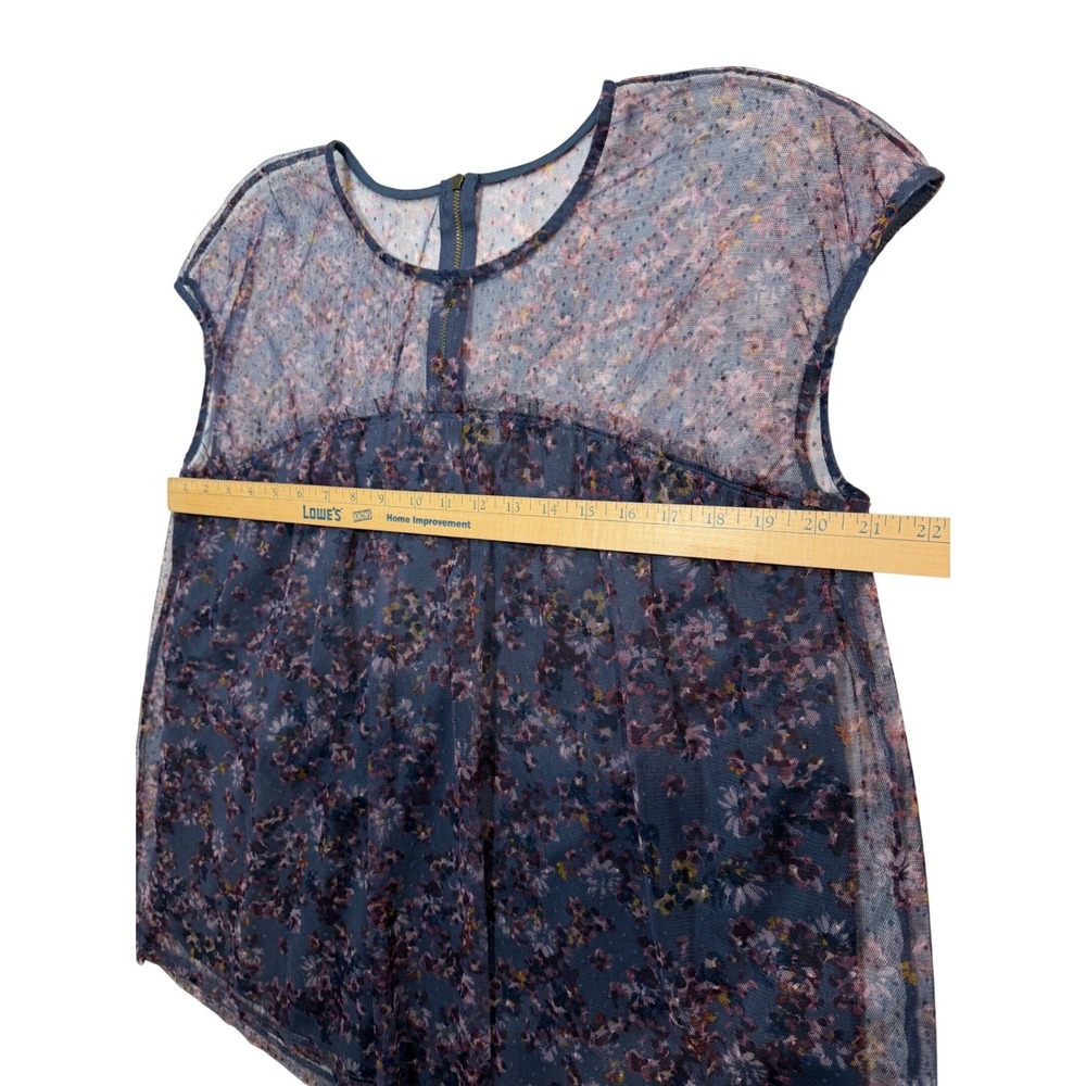 Floral Mesh Cap Sleeve Babydoll Blouse Blue Purple Sheer Overlay Top - Picture 5 of 10